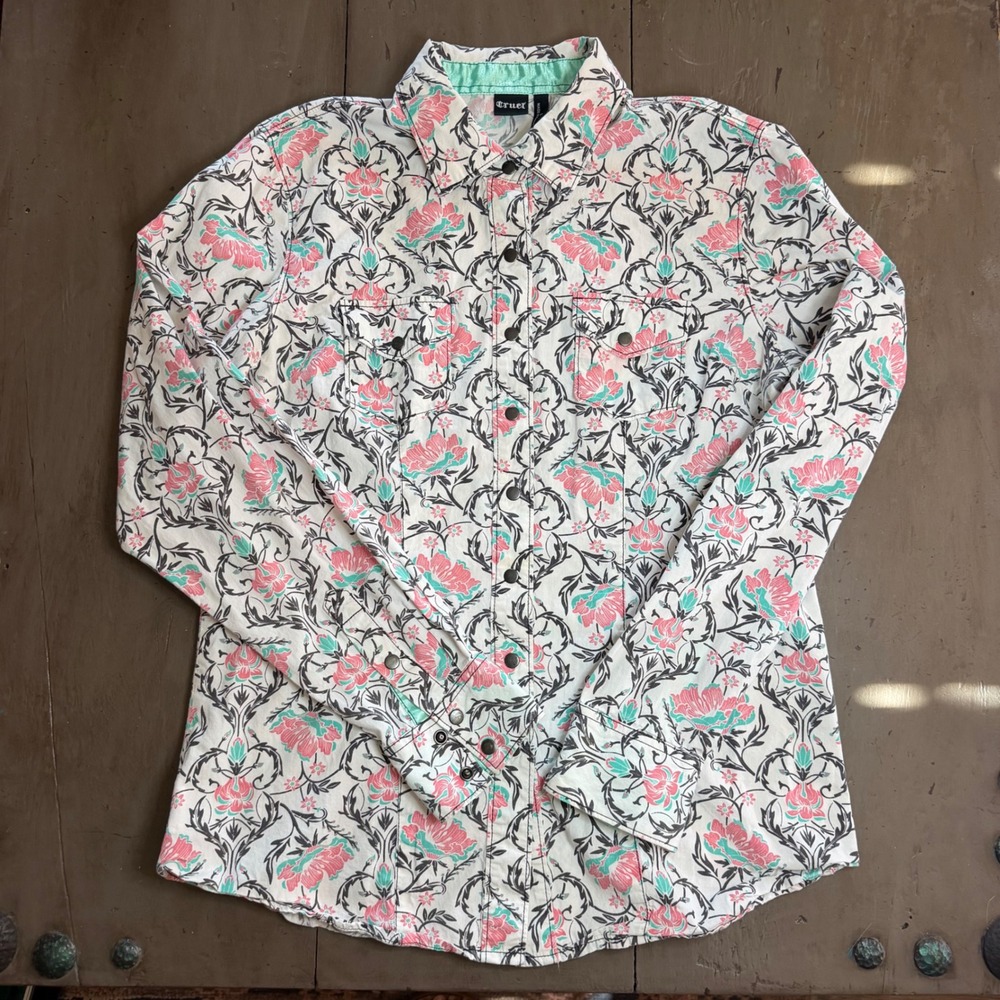 Cruel Women's L Western Snap Shirt Floral Teal Pink Cowgirl Westerncore Rodeo